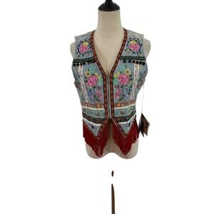 Vtg 80s Joujou Vest Nwt Denim Embroidered Beaded Fringe Floral Sz M‎ Boho Hippie
